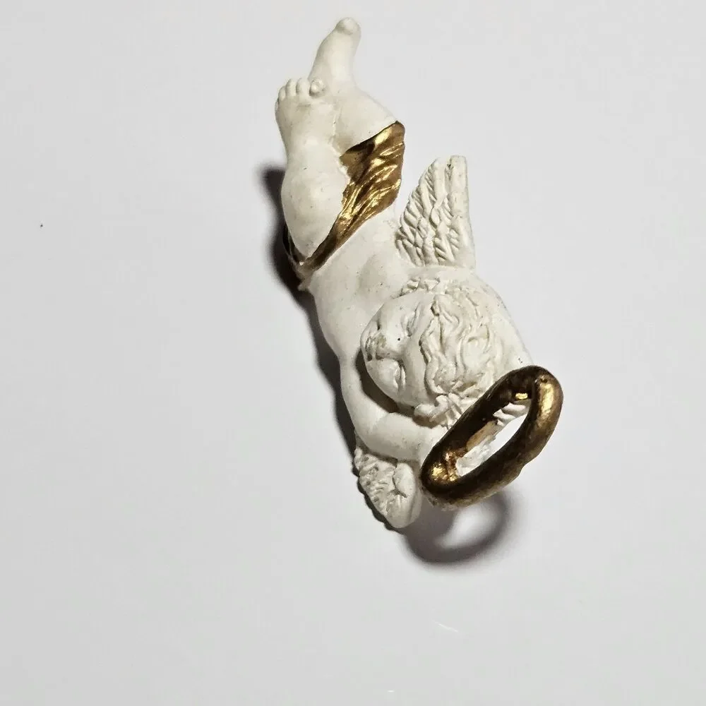 Vintage White And Gold Colored Cherub Brooch Pin Angel
